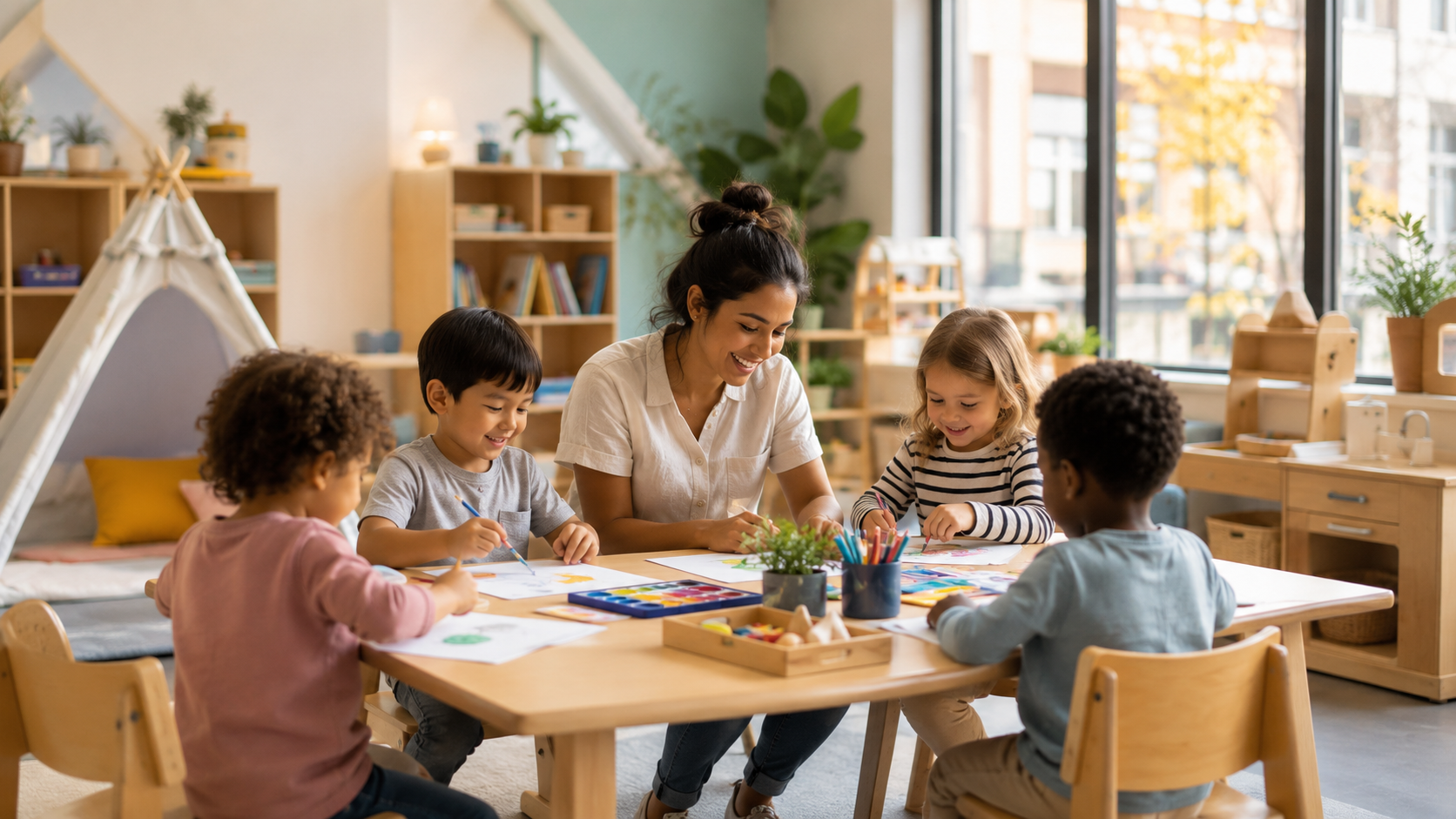 Children doing creative activities with a daycare teacher in a warm classroom