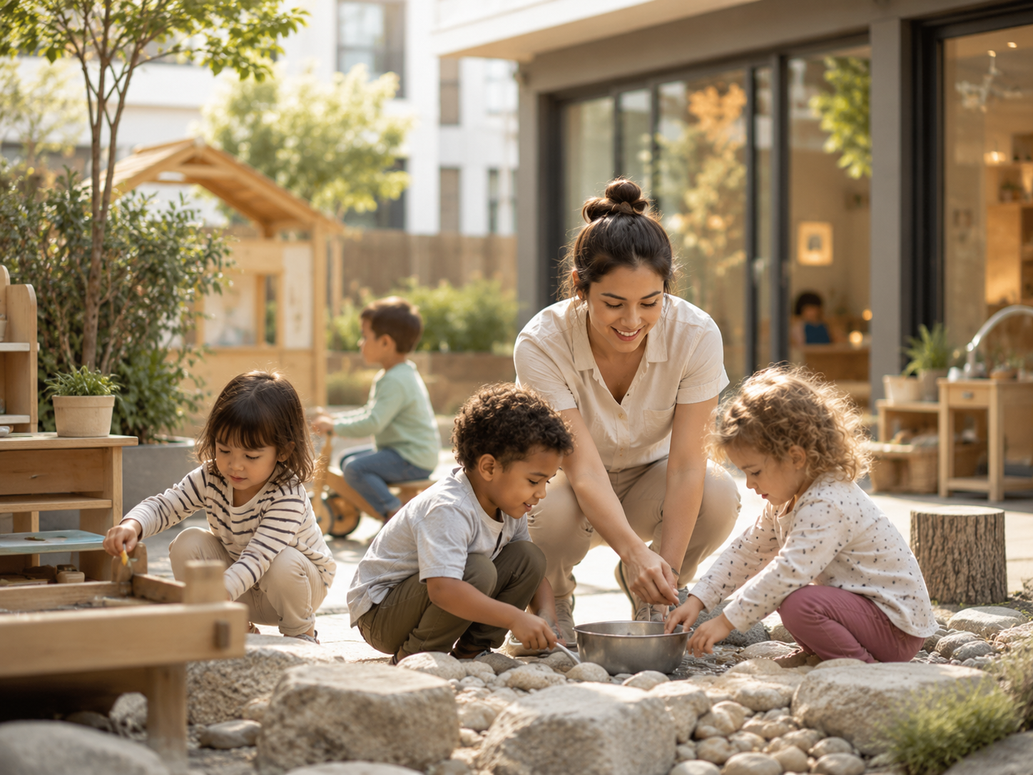 Daycare children exploring nature in an outdoor play garden